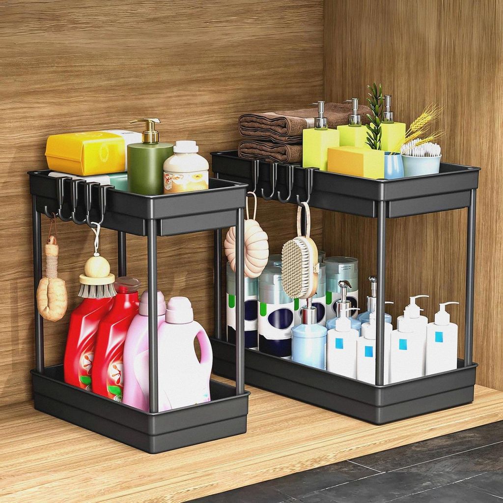 Küchen Organizer - 2 Pack Unter Waschbecken Regal mit 4 Haken &1 Tassen, Organizer Küche, Badezimmer Organizer