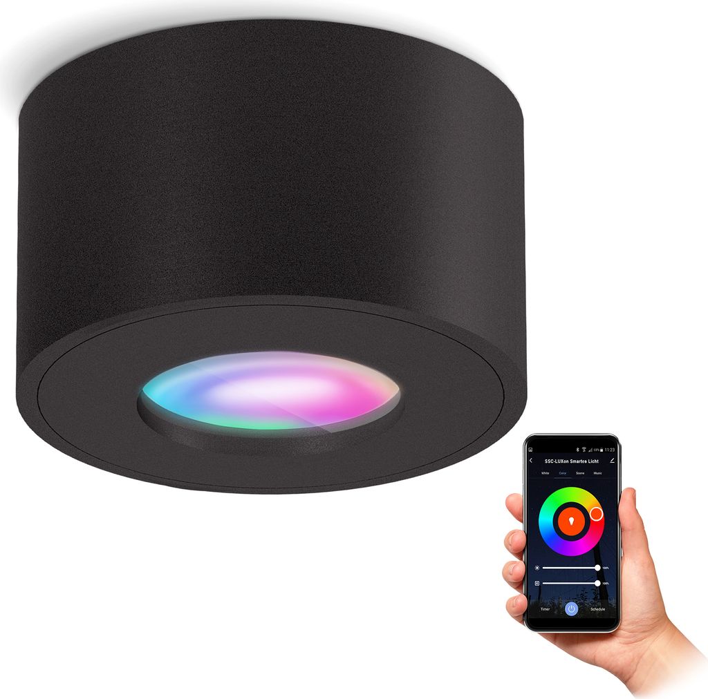 SSC-LUXon CELI-1 Aufbaustrahler schwarz Feuchtraum IP44 mit Smart RGB+W LED Lampe - Deckenspot kompatibel mit Alexa, Siri & Google