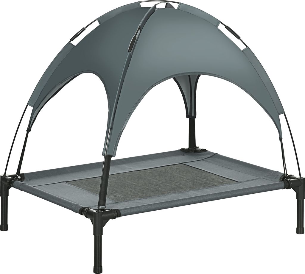 PawHut Erhöhtes Hundebett mit Baldachin, Haustierbett, Hundeliege outdoor mit Dach, Atmungsaktiv, Taftstoff für Camping Grau 76 x 61 x 73 cm
