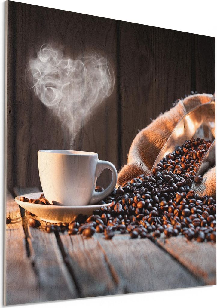 DEQORI Holzbild 50x50 cm 'Rustikale Kaffeeliebe' Bild auf Holz Wandbild Kunstdruck
