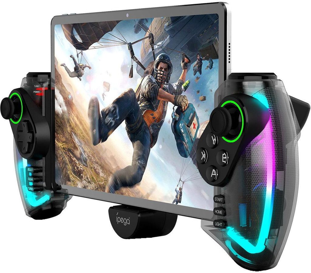 A tablet device attached to a gaming controller, displaying a video game on its screen.