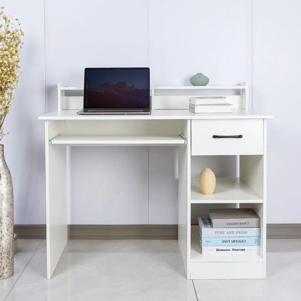 Petit bureau informatique blanc Drums Light à tablette coulissante compact