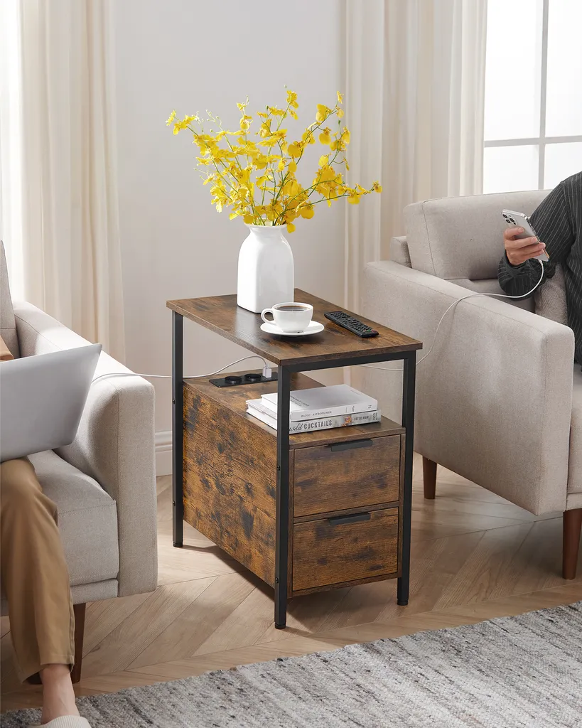 Petite Table d'Appoint avec Prises USB et 2 Tiroirs de Rangement Fermés - 9