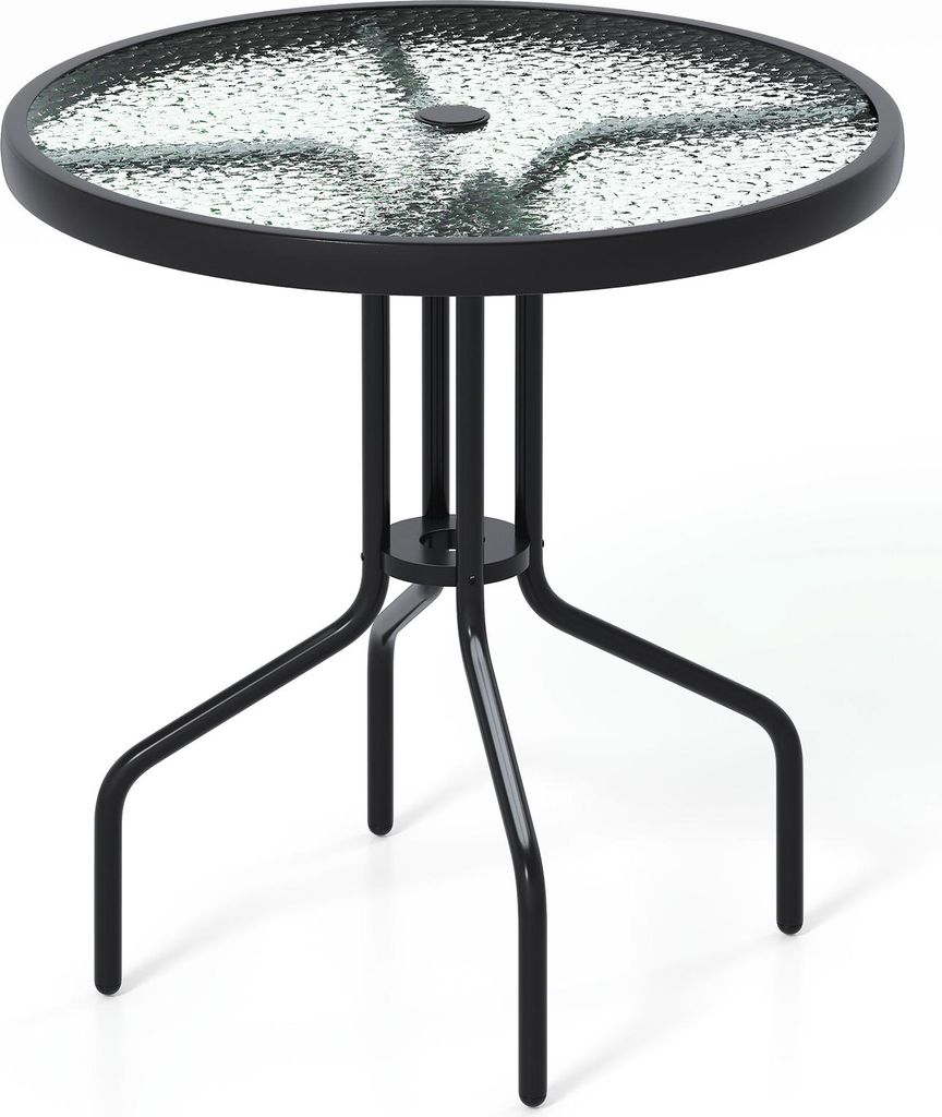 GOPLUS Beistelltisch rund, Ø70cm Gartentisch Metall mit Glasplatt & 4cm Schirmloch, Balkontisch klein wetterfest, Schwarz