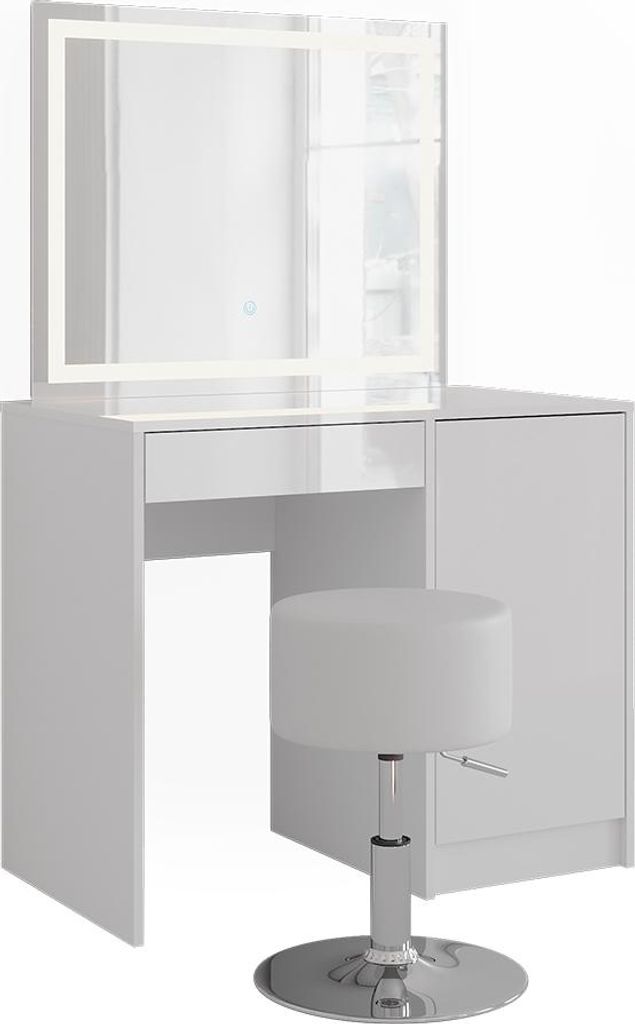 Schminktisch Vicco Sherry Weiß/Weiß Hochglanz 89.8 cm mit LED-Spiegel und Hocker, Model 57705