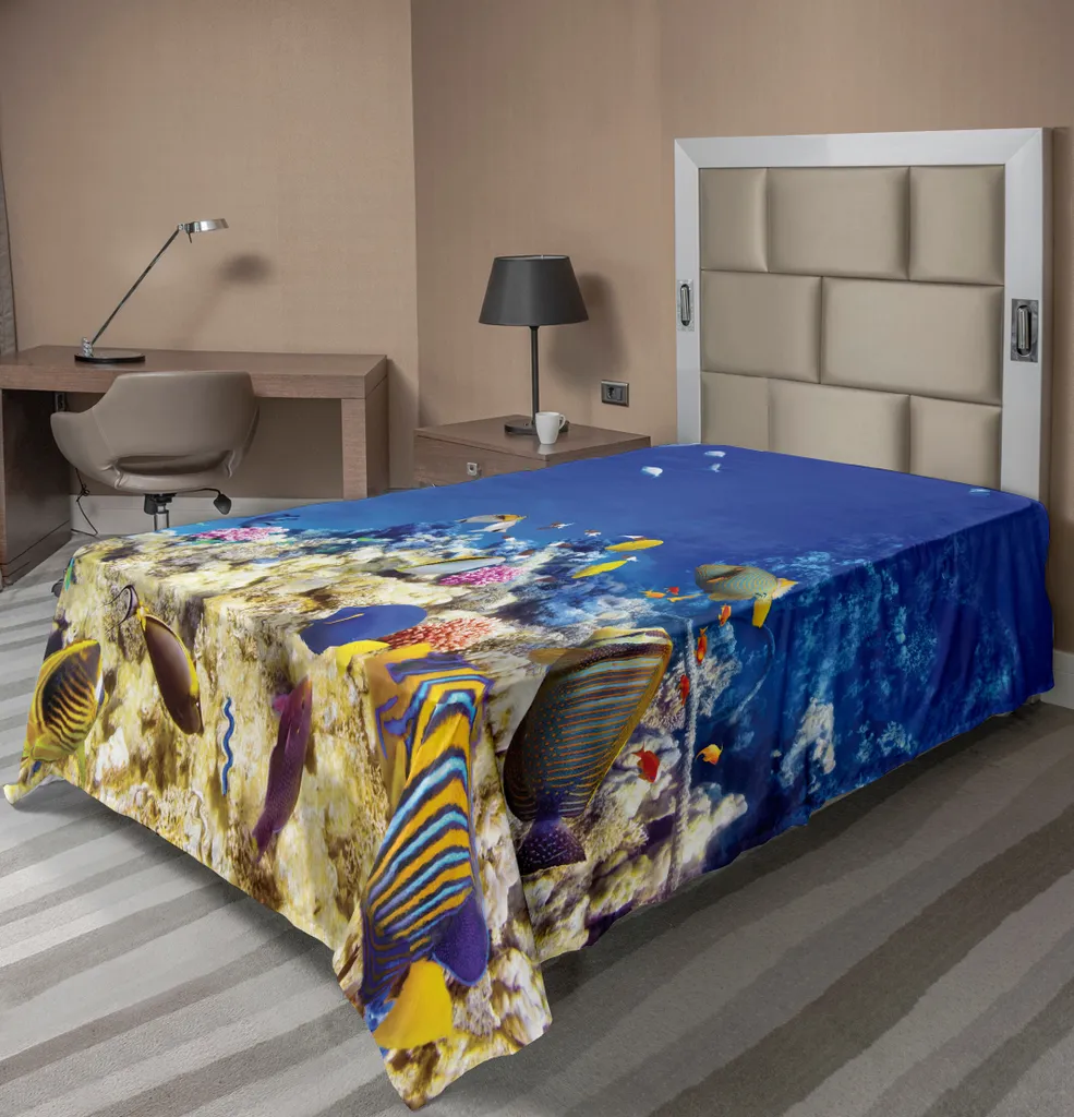 ABAKUHAUS Lenzuolo Oceano, Vita sottomarina Natura selvaggia Caraibi Vacanze Nel mare tropicale Vista mare Tema Immagine, morbido e confortevole lenzuolo superiore per un letto decorativo 1 pezzo 260 cm x 168 cm, beige blu - 1