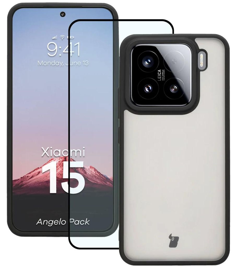 Schutzhülle + gehärtetem Glas Bizon Angelo Pack für Xiaomi 15, Getönte mit schwarzem Rahmen