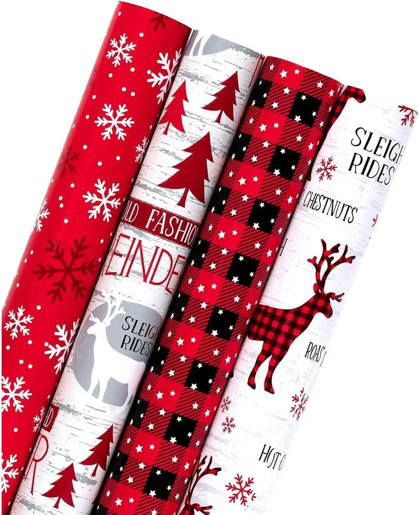 Papier cadeau de Noël Rouge Plaid d'élan et Flocon de neige rustique