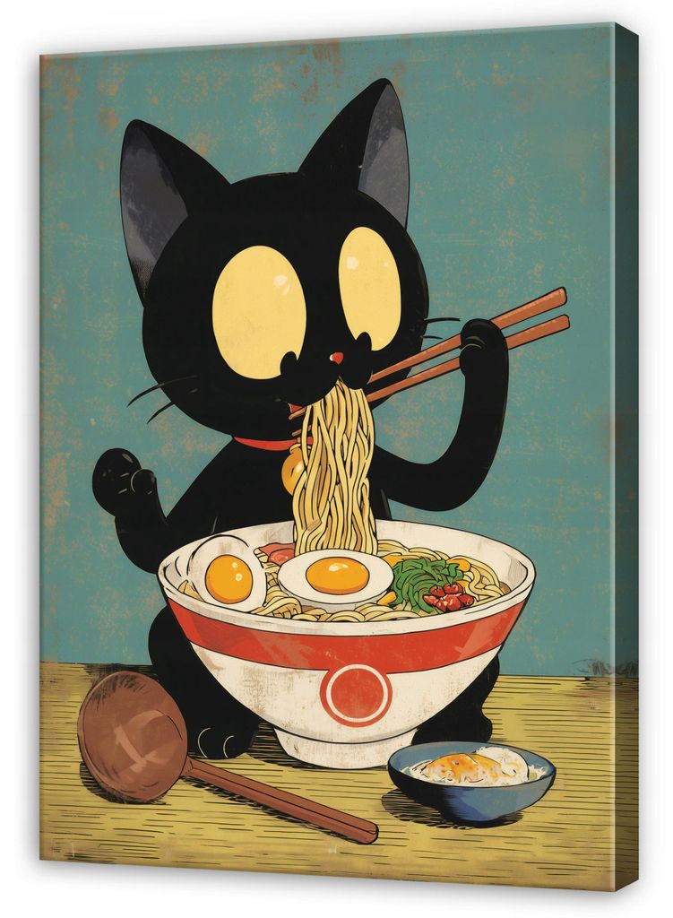 Leinwandbild Katze Ramen Retro - 70x100 cm - Wandbilder Wohnzimmer Schlafzimmer - Leinwand Leinwandbild Schwarz - SPP16492O1