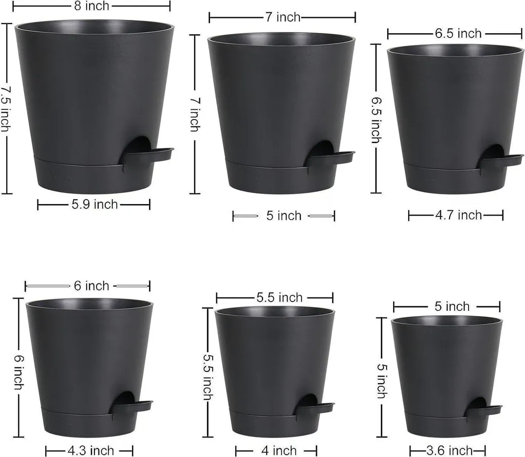 Pots de fleurs avec réserve d'eau Pure Black, lot de 6 pièces multi-tailles