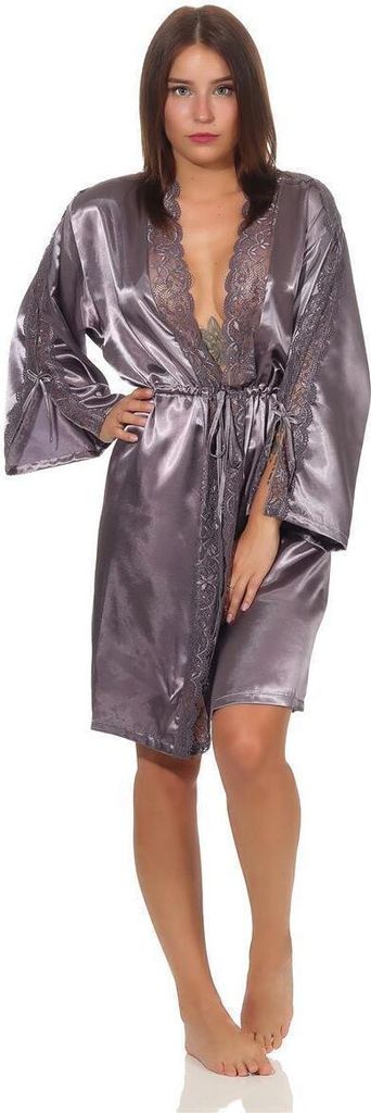 Damen Morgenmantel kurzer Kimono in Satin-Optik Spitze; Produktbild 