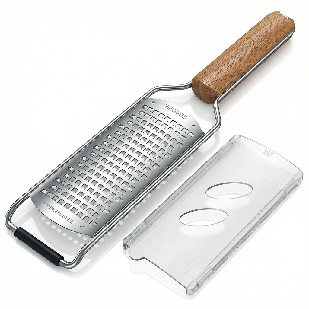 Arendo Zester Reibe Edelstahl mit Holzgriff, Handreibe mit Schutzabdeckung, Küchenreibe, Feinreibe, Parmesanreibe, Ingwerreibe, scharfe Edelstahlk...