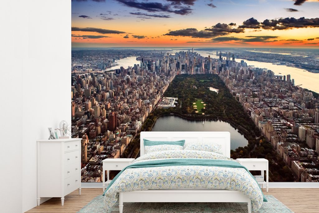 MuchoWow Fototapete für Wohnzimmer oder Schlafzimmer Wandtapete Vinyl Motivtapete New York - Central Park - Orange - Sonnenuntergang - 330x240 c...