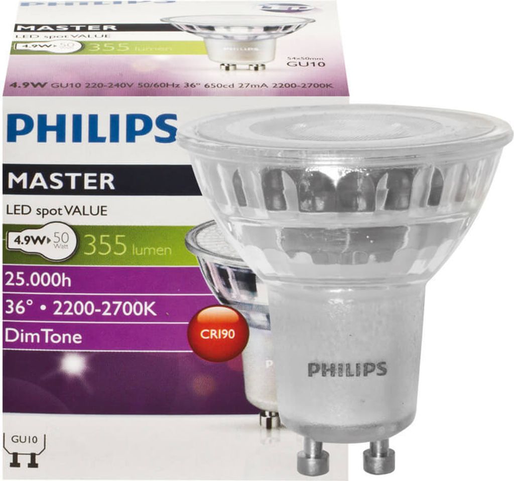 A product shot of a Philips LED light bulb and its packaging.