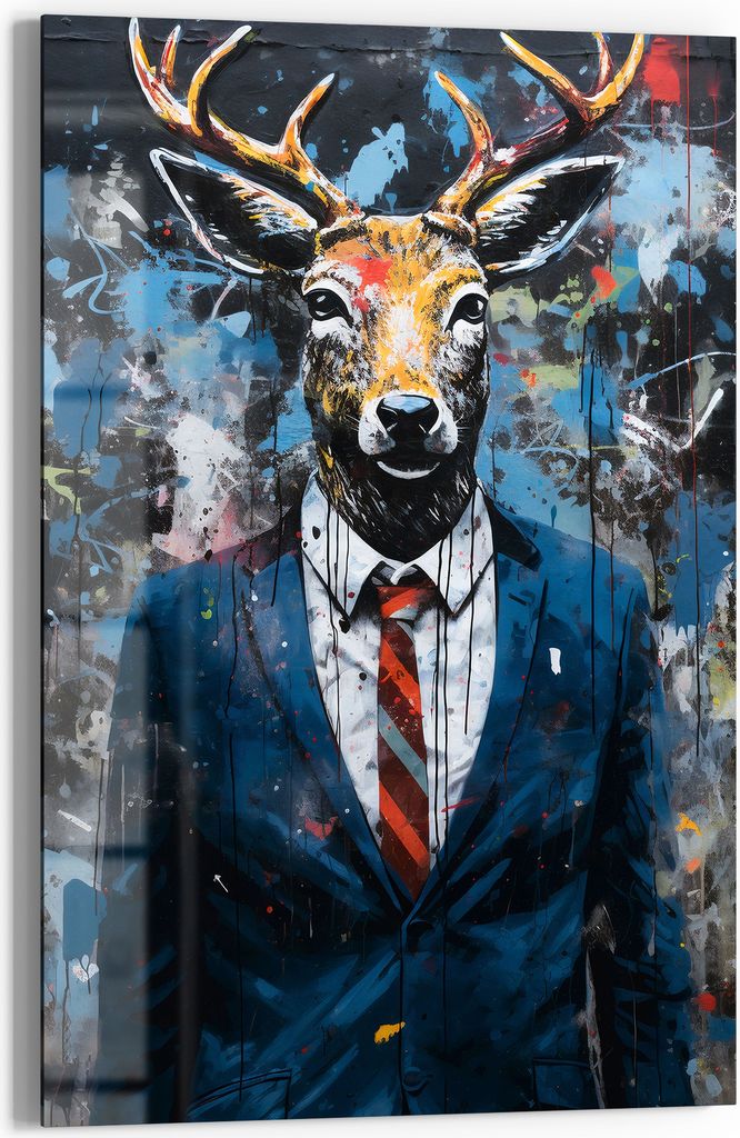 DEQOART Glasbild Echtglas 40x60 cm 'Hirsch im Anzug' Wandbild Bild modern Deko