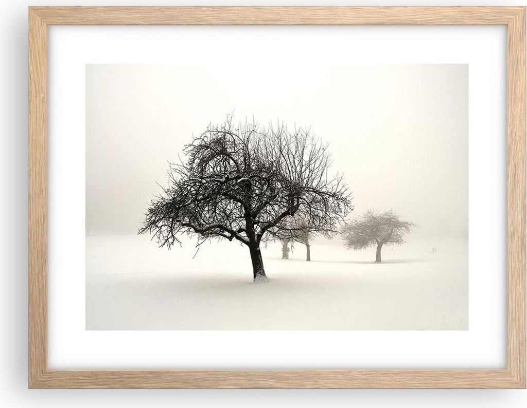 Gerahmtes Poster - Rahmen in heller Eiche - Bäume Schnee Nebel - 40x30 cm - Wand Bild - Wanddeko - Wandbilder - Wandposter - Bilderrahmen - Bilder...