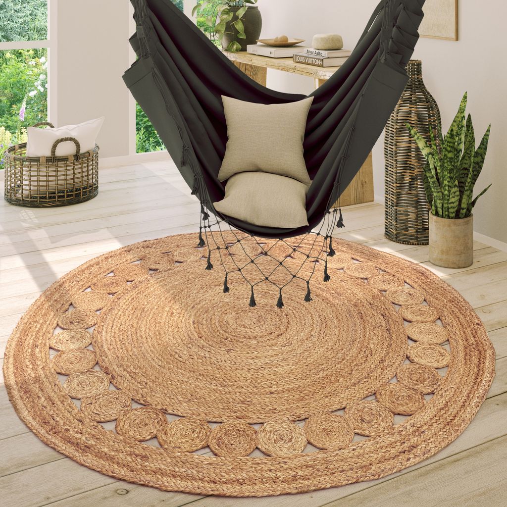 Teppich Rund Wohnzimmer Jute Boho Ethno Muster Modern Handgefertigt Naturteppich Grösse 80 cm Rund
