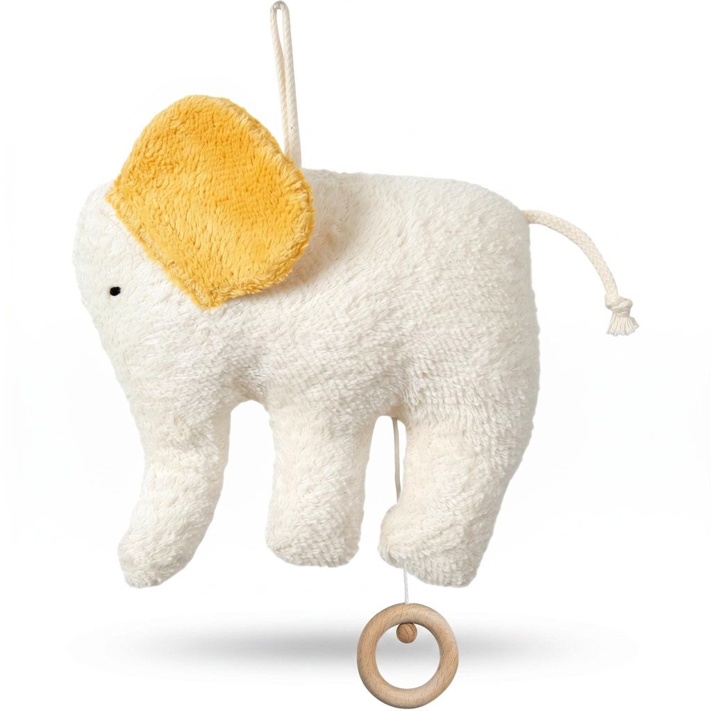Efie Baby Spieluhr Elefant – Melodie Guter Mond Du gehst so stille, Kuschelspieluhr aus kbA Baumwolle, Germany