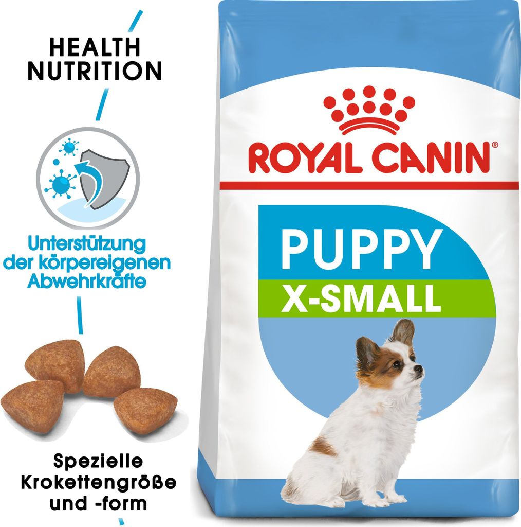 A bag of Royal Canin puppy food with illustrations and text highlighting its features.