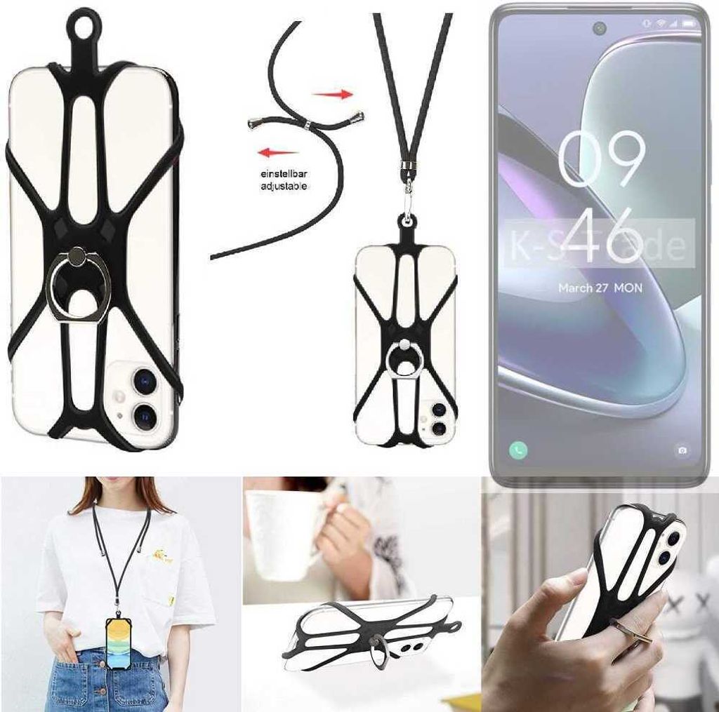 K-S-Trade 3in1 Handykette Handyband Handykordel Halsband Smartphone-Ring Handy-Ring kompatibel mit TCL 50 5G Fingerhalterung Handyring Tischständer