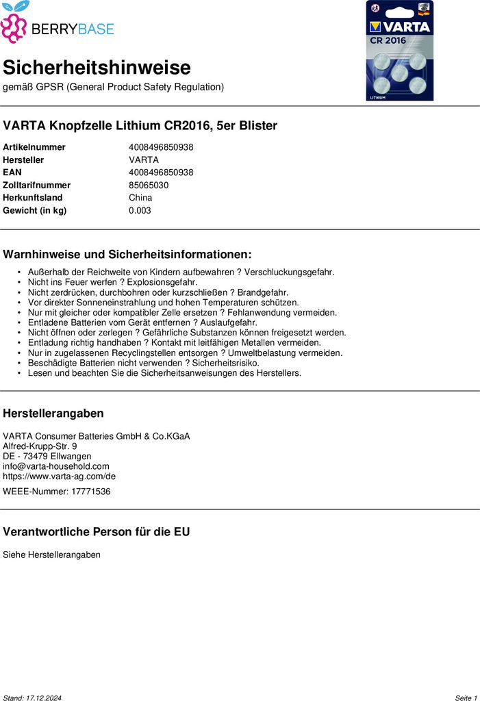 VARTA Lithium Knopfzelle "Electronics" CR2016 5er Pack Produktbild 10