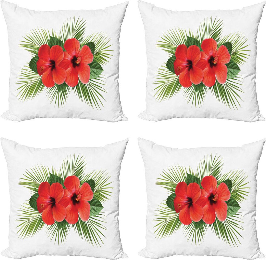 ABAKUHAUS Hibiskus Kissenbezug Set (4 Stück), Einfach Petal Arrangement, Moderner Doppelseitiger Digitaldruck, 40 cm x 40 cm, Vermilion Apfelgrün