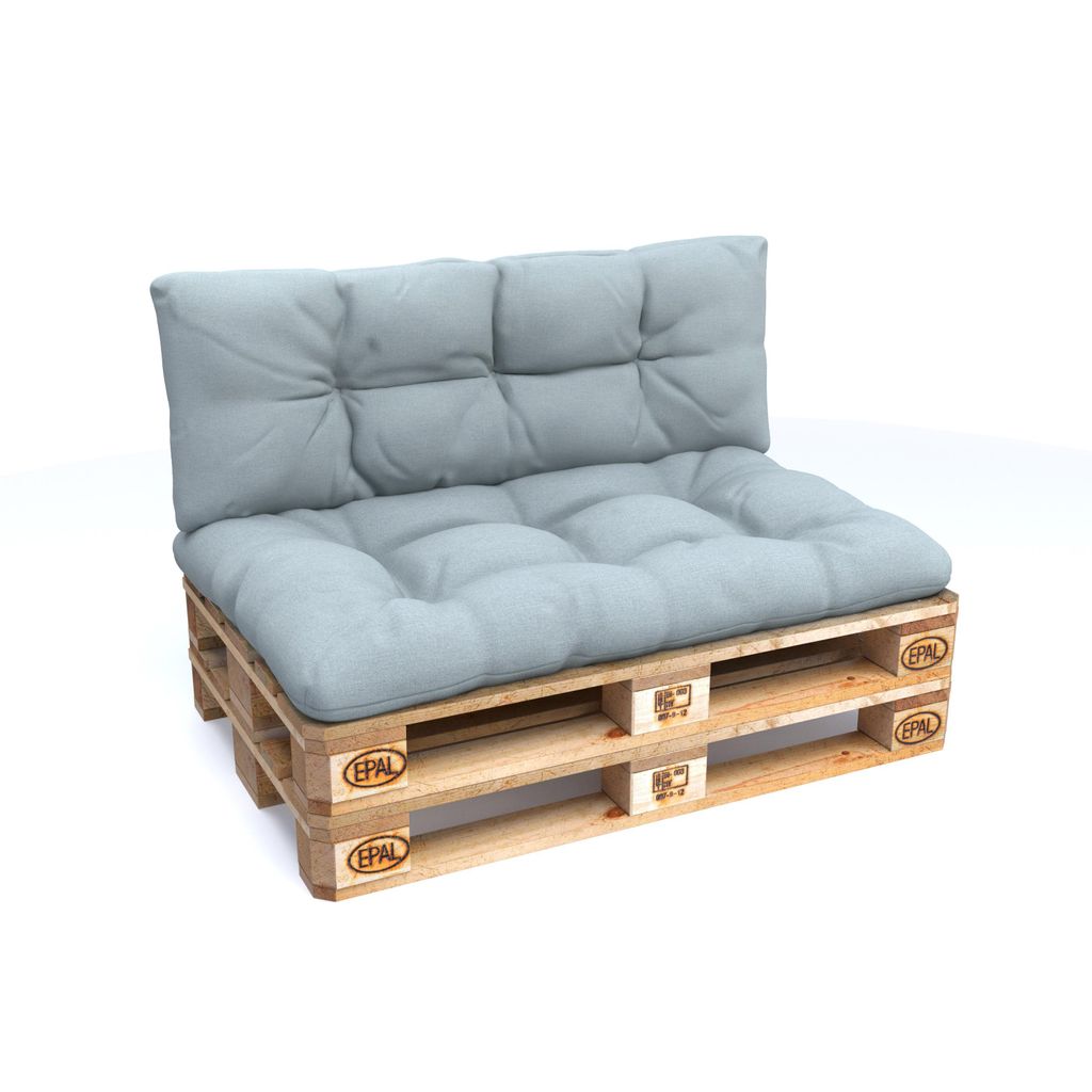 A pallet sofa with light blue cushions on a white background.