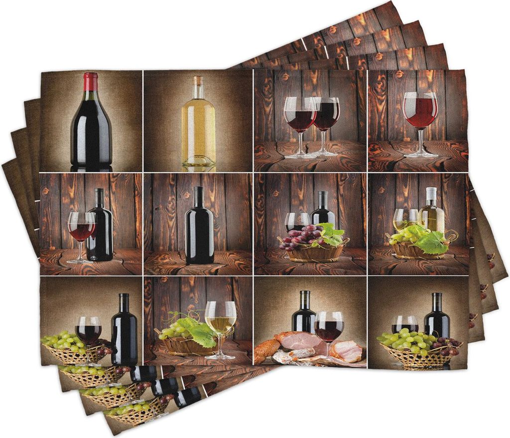 ABAKUHAUS Wein Platzmatten, Wein themed Collage auf hölzernem Hintergrund mit Trauben und Fleisch-rustikalem Land-Getränk, 30 x 45 cm, Braun Schw...