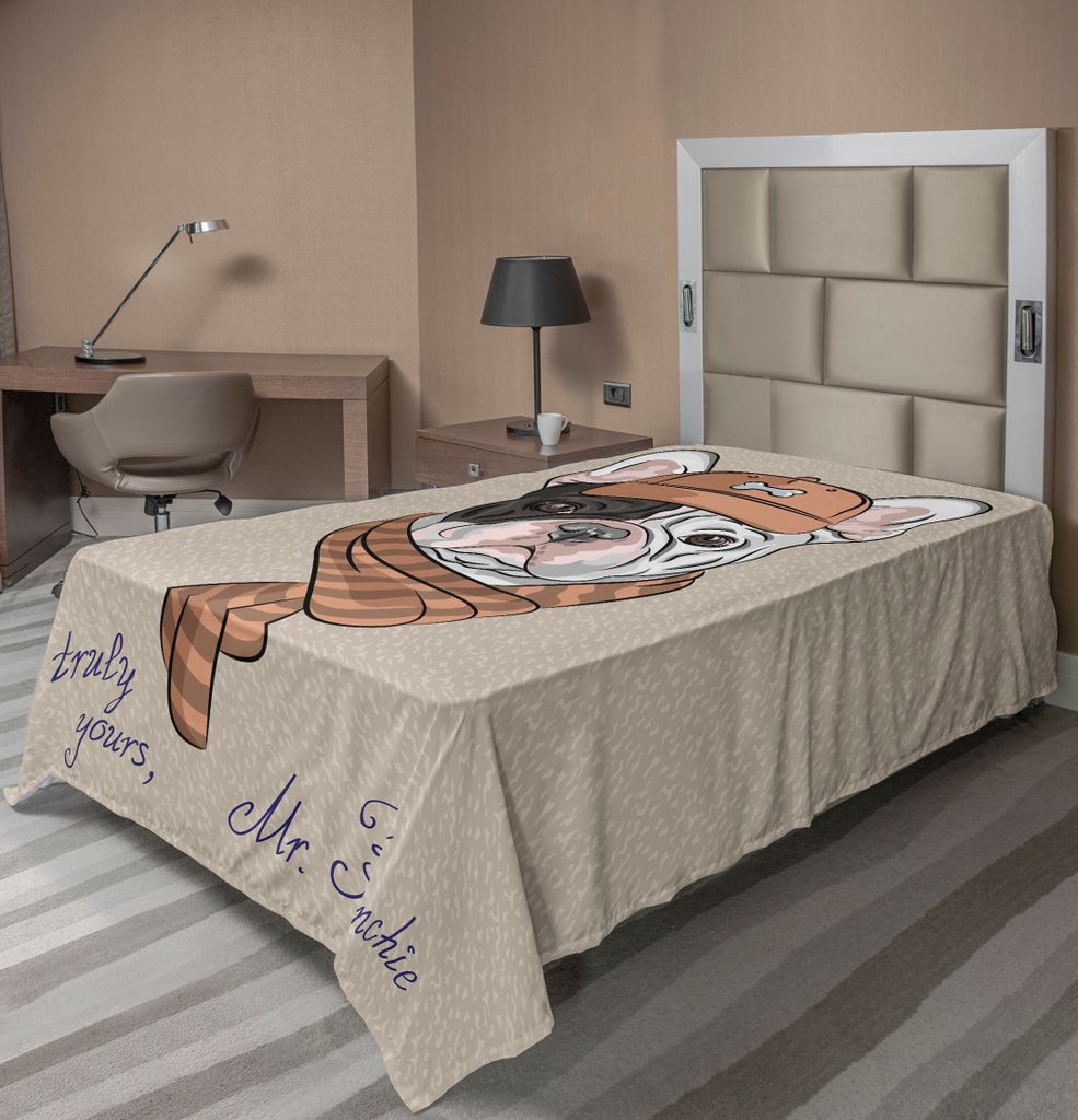 ABAKUHAUS Hund Bettlaken, Cartoon Bulldog mit Mütze und Schal Französisch Fashion Style Hipster Hundeliebhaber-Druck, weiches bequemes oberes Bet...
