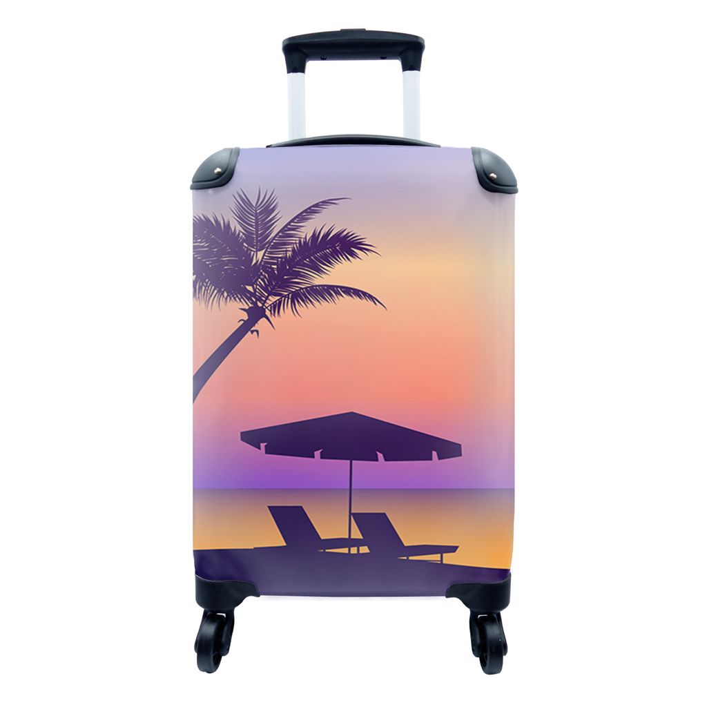 MuchoWow Koffer Handgepäck Trolley Rollkoffer Kleine Reisekoffer mit 4 Rollen - Strandkorb - Sonnenschirm - Palme - Nacht - Cabin Size < 55x40x2...