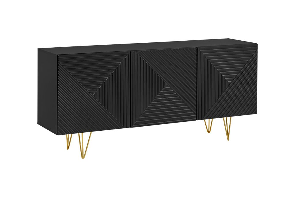 Kommode Piro Glamour Schwarz Matt oder Weiß Matt , Sideboard Wohnzimmer, Kommode 160 cm Schlafzimmer , Goldene Metallfüße, Soft Closing und Pusc...