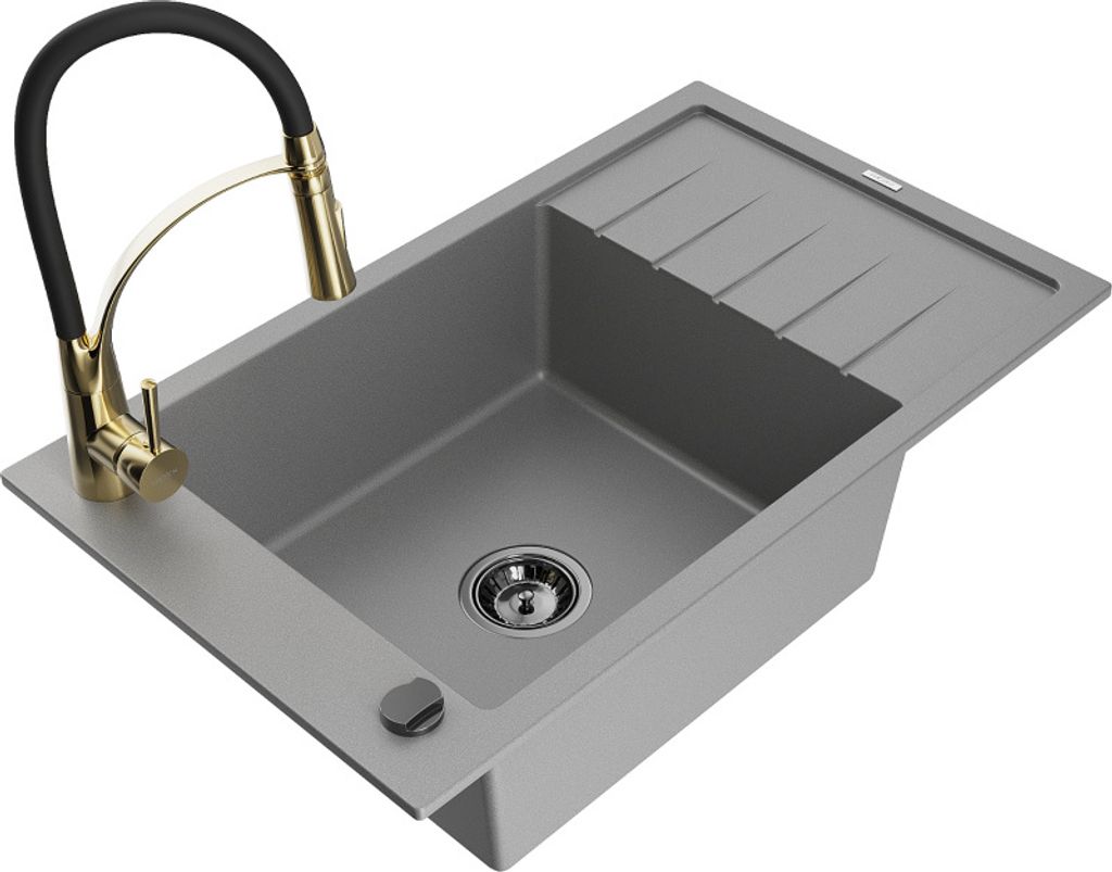 Mexen Elias 1 Becken-Granitspüle mit Abtropffläche und Mischbatterie Aster, Grau - 6511-71-73450-57-B