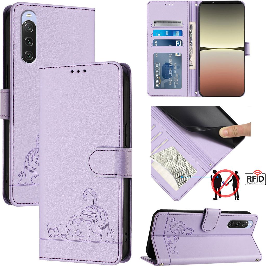 Leder Hülle für Sony Xperia 10 V Süße Katze Flip Case Brieftasche Schutzhülle mit Standfunktion Lila