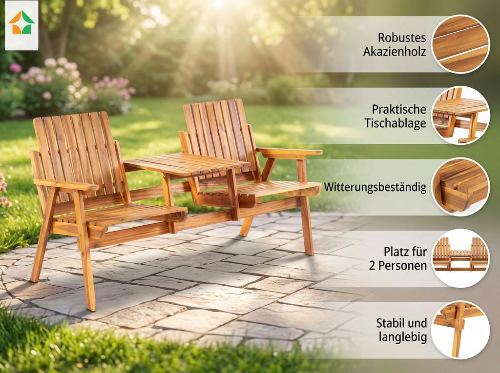 Ławka ogrodowa dwuosobowa z półką na stolik, wykonana z Zdjęcie produktu 