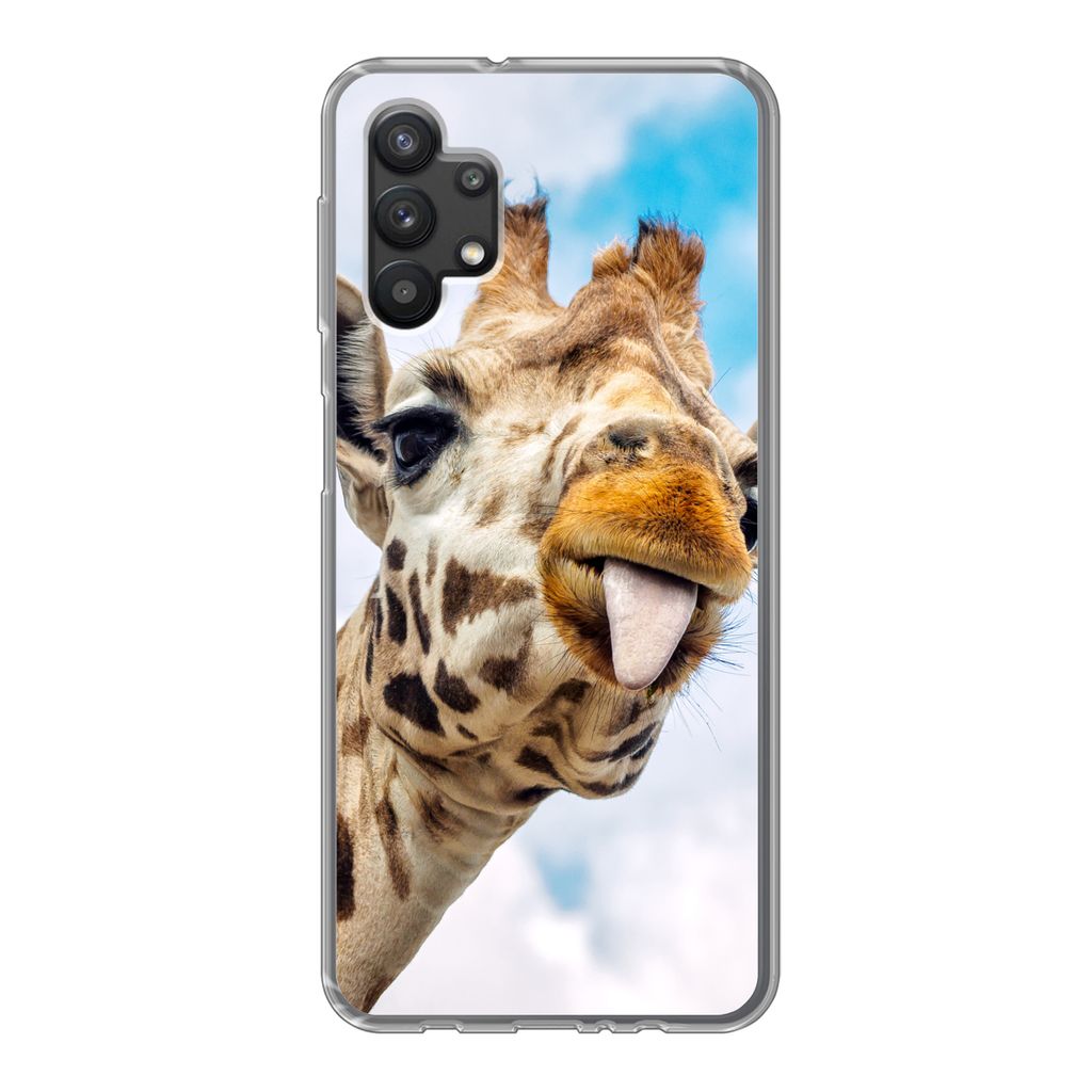 MuchoWow Handyhülle Schutzhülle Hülle für Samsung Galaxy A32 5G Giraffe - Lustig - Zunge - Kinder - Jungen - Mädchen - Kind Silikon Softcase...