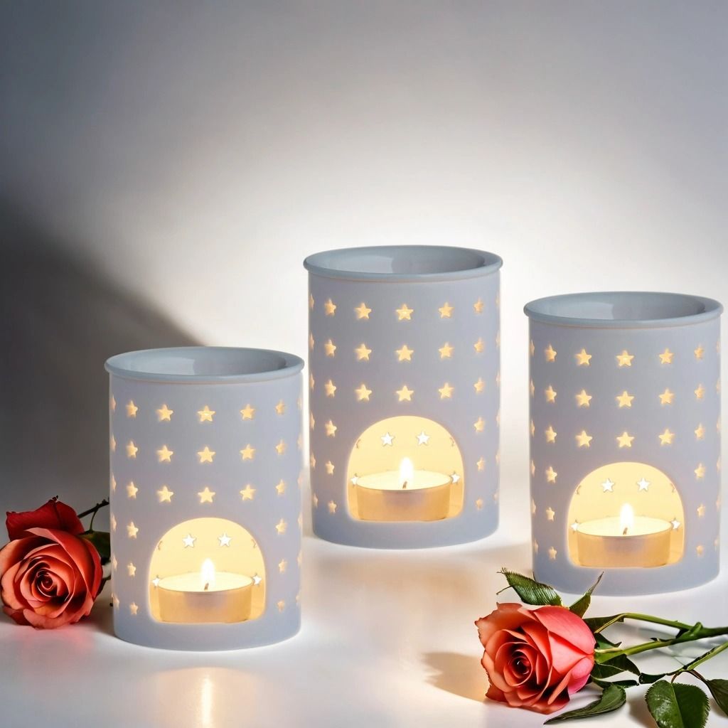 3er Set Duftlampe Tuan 4 aus Keramik für Teelicht in Weiß | LampeAroma Duft öl | Windlicht Teelichthalter innen und außen | Weiße Landhaus Duf...