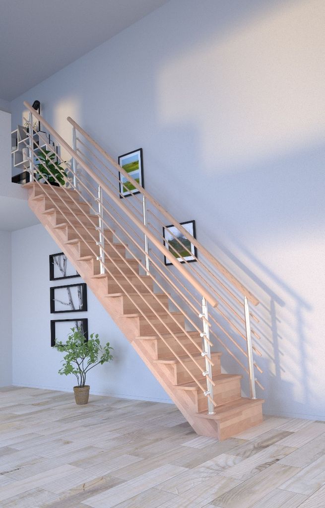 Holztreppe Lindos (Buche) in gerader Ausführung-100 cm-Design Geländer Holzrundstäbe-beidseitig-mit Setzstufen
