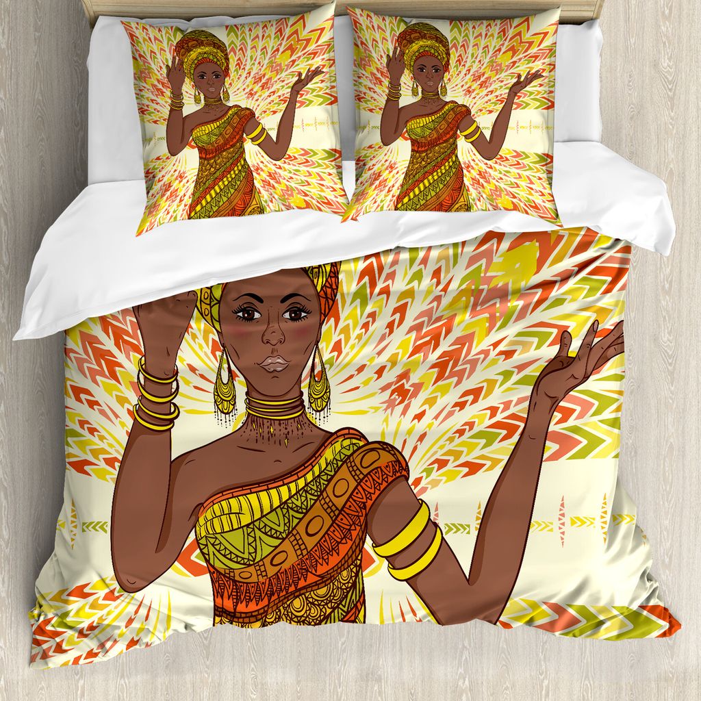ABAKUHAUS afrikanisch Bettbezug, Tanzen-Frau, Milbensicher Allergiker geeignet mit Kissenbezügen, 155 cm x 220 cm - 80 x 80 cm, Grün, Rot, Gelb