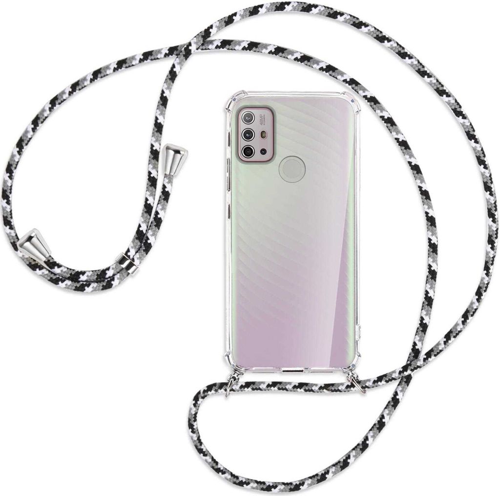 Handykette Backcover-Schutzhülle mit Band (Metall silberfarben) für Motorola Moto G10 (Power), G20, G30 - schwarz/grau/weiß
