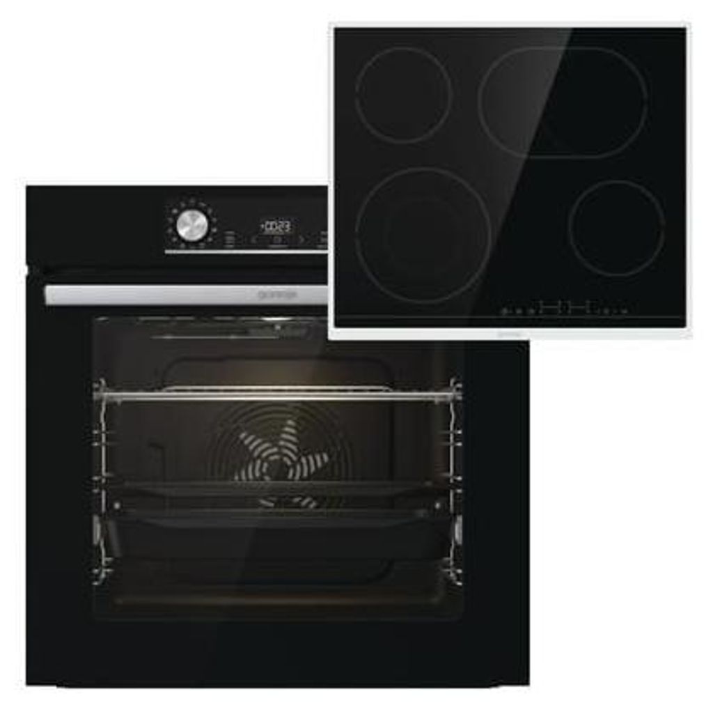 A black oven and a black induction hob are shown side-by-side against a white background.
