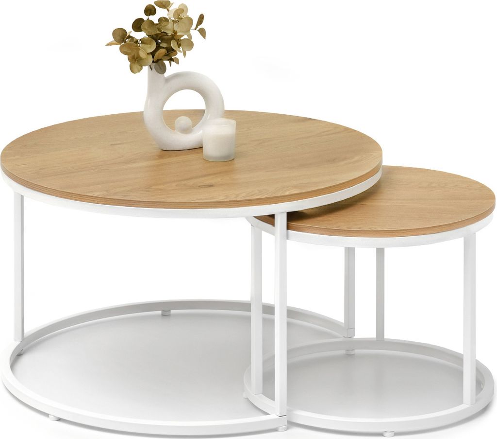A set of two nesting coffee tables with round wooden tops and white metal frames, displayed on a white background.
