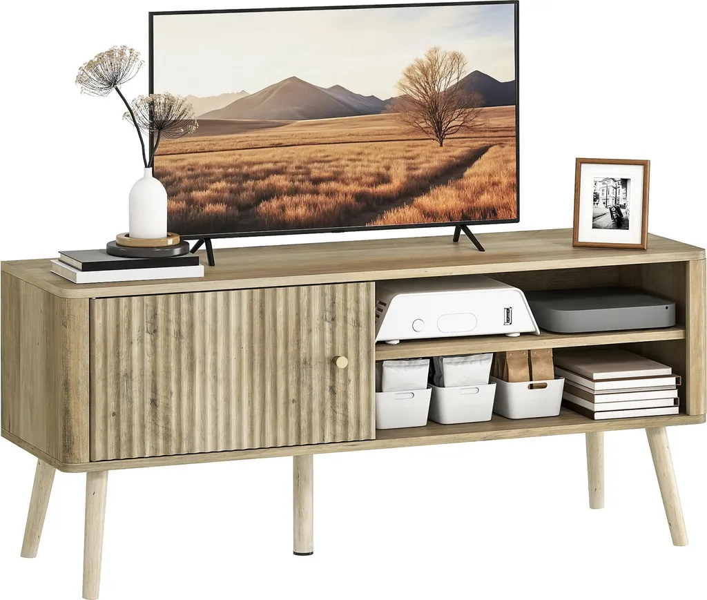 Banc TV Marron avec Étagère Réglable et Compartiments Ouverts 140cm