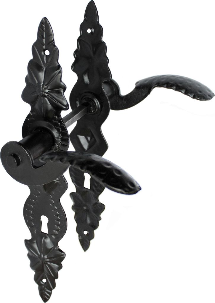 Two black metal door handles with ornate backplates are shown against a white background.