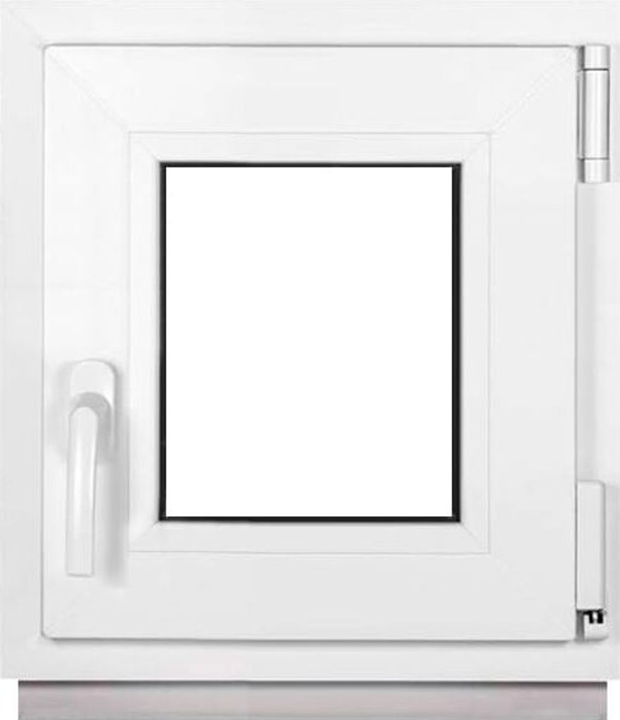 A white window frame with a blank white glass pane.