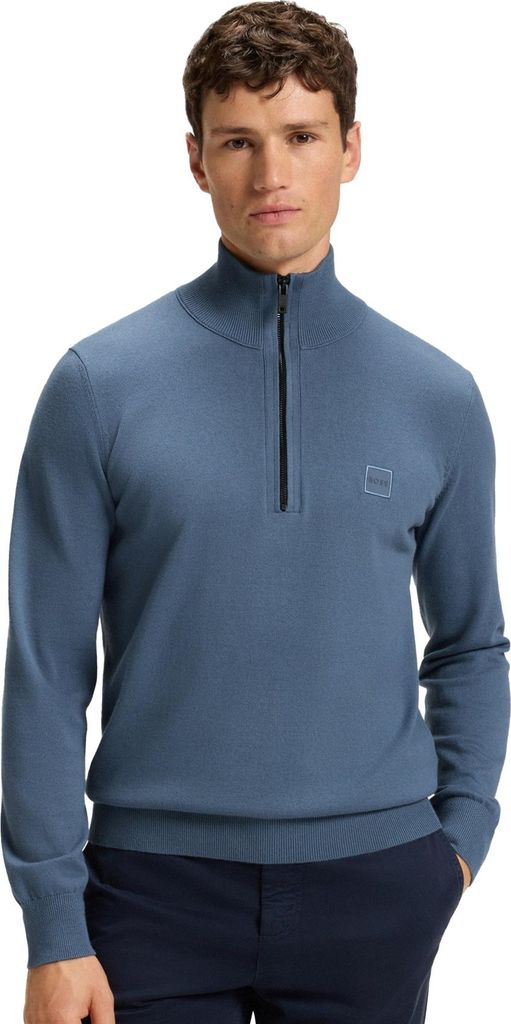 Boss Orange Pullover Halb-Reißverschluss blau normale Passform einfarbig