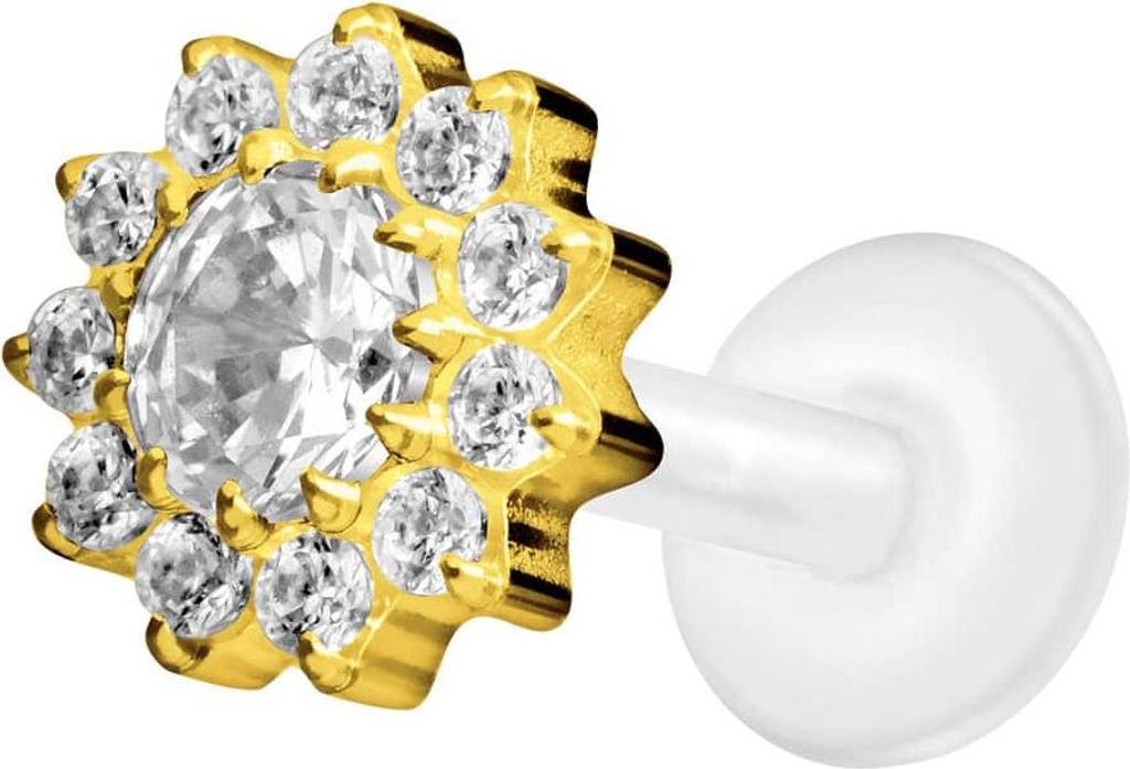 Ohrpiercing, Nasenpiercing PTFE Labret mit Innengewinde + Titan-Aufsatz KRISTALLBLUME Gold Stablänge: 8mm | Stabstärke: 1,2mm