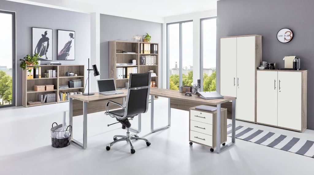 Büromöbel-Set TABOR PRO 6 in Eiche Sonoma / weiß matt, Arbeitszimmer Komplett-Set