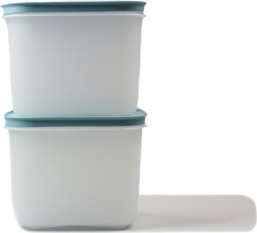 Two white food storage containers with blue lids are stacked on top of each other.