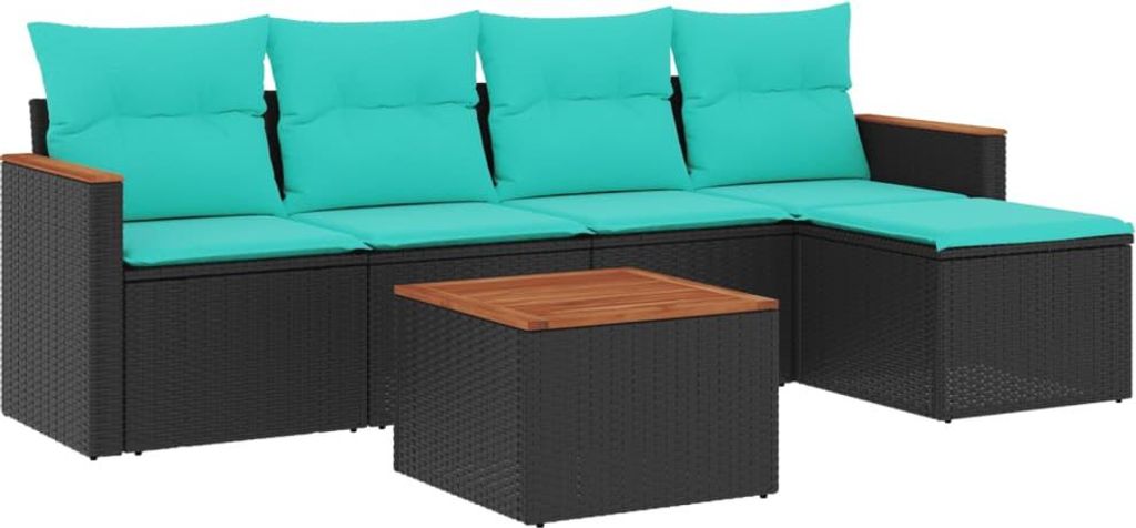 vidaXL 6-teiliges Gartensofa-Set mit Kissen, schwarzes Polyrattan