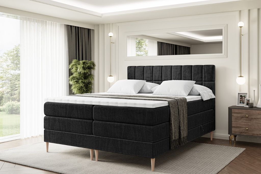 ALTDECOR Boxspringbett mit Holz Füßen, Matratze und Lattenrost, Topper, Polsterbett mit Bettkasten, Bett mit Stauraum H3- und H4- Matratze, Doppe...